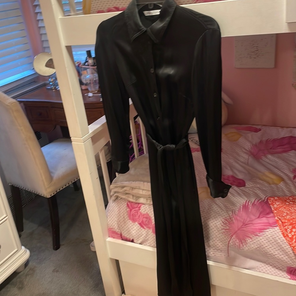 Long sleeve black button up satin dress